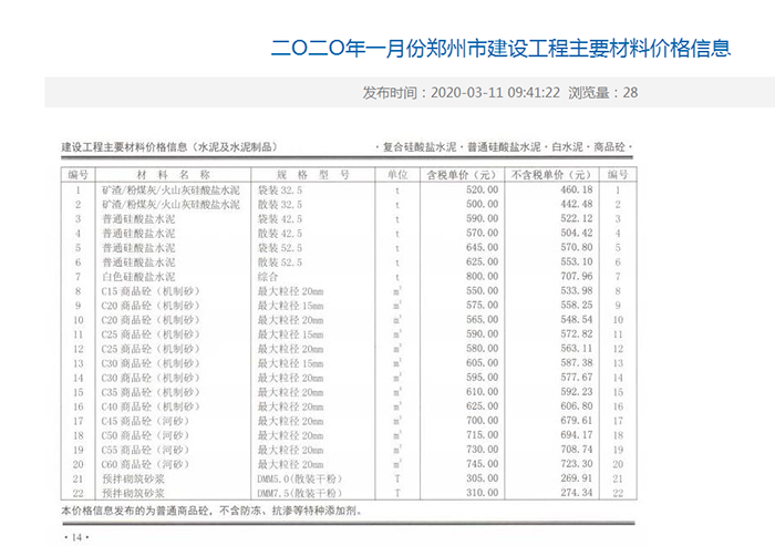 2020年1月份鄭州市商品混凝土基準(zhǔn)信息價(jià)